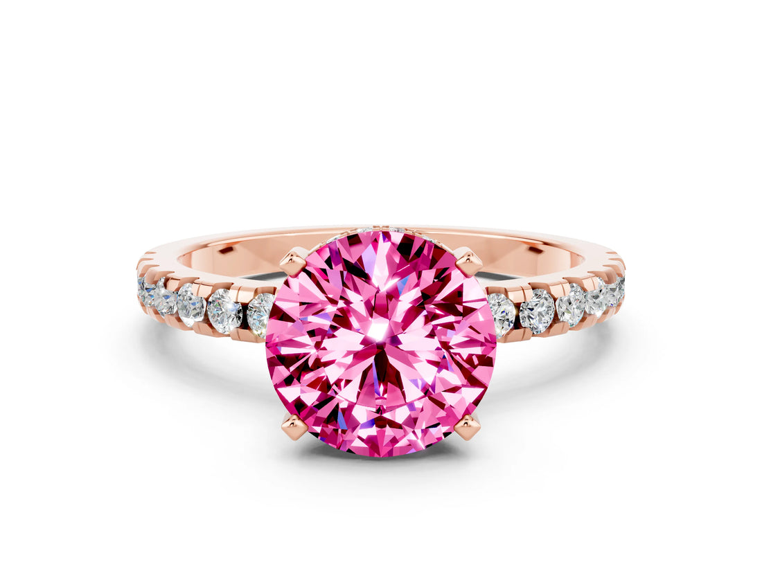 Rose gold Round Cut Pink Sapphire Solitaire Ring with Round  Pavé Band and Four-Prong Setting_36
