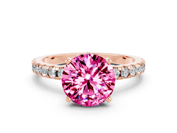 Rose gold Round Cut Pink Sapphire Solitaire Ring with Round Pavé Band and Four-Prong Setting