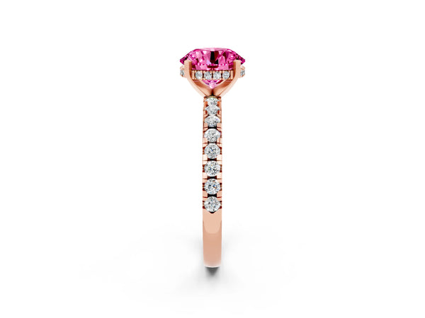 Rose gold Round Cut Pink Sapphire Solitaire Ring with Round Pavé Band and Four-Prong Setting