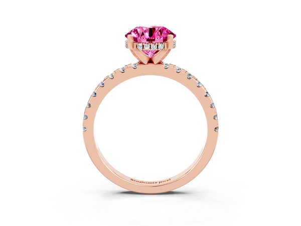 Rose gold Round Cut Pink Sapphire Solitaire Ring with Round Pavé Band and Four-Prong Setting