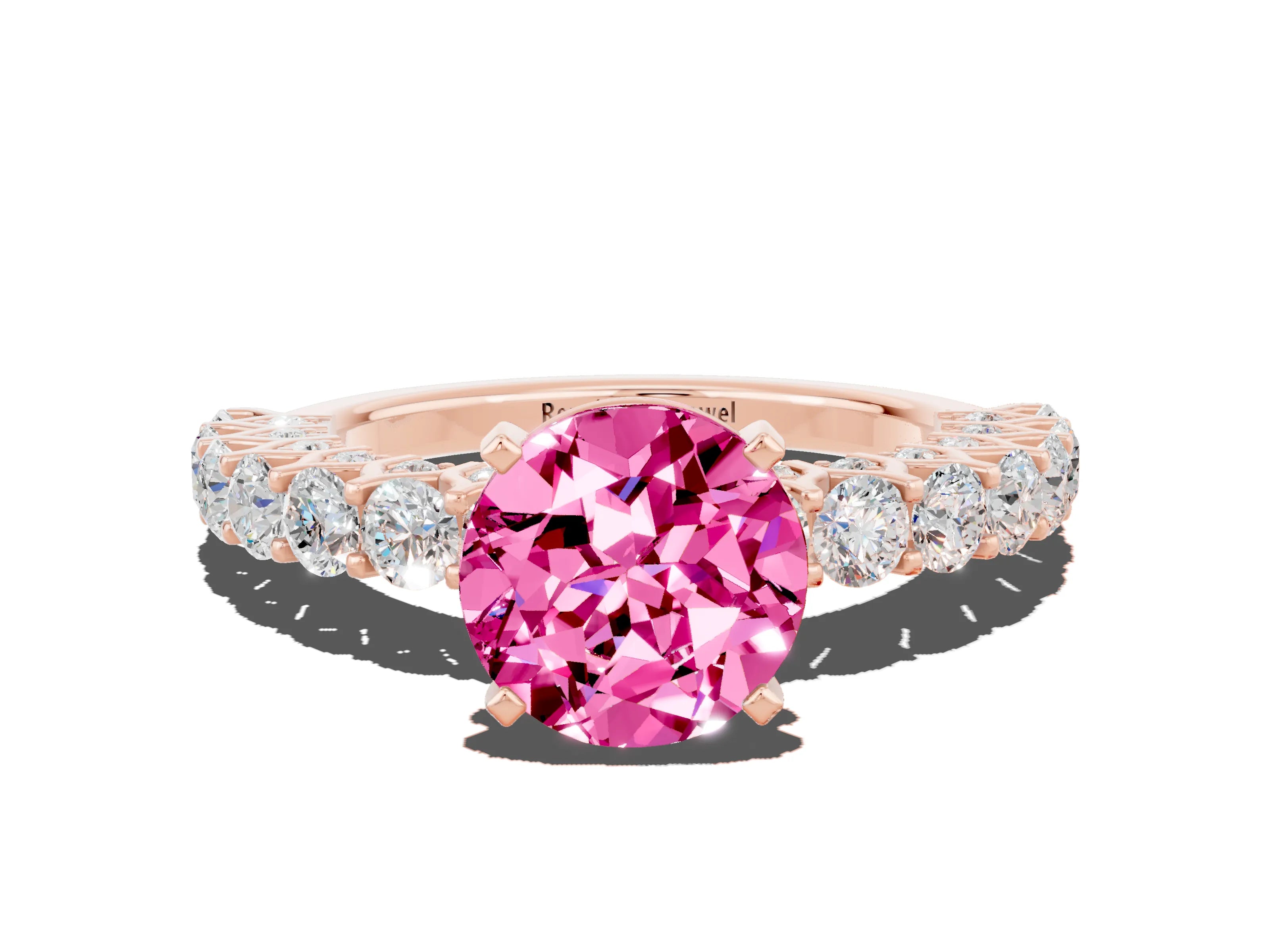 Rose gold Round Cut Pink Sapphire Solitaire Ring with Shared Prong Pavé Band and Four-Prong Setting