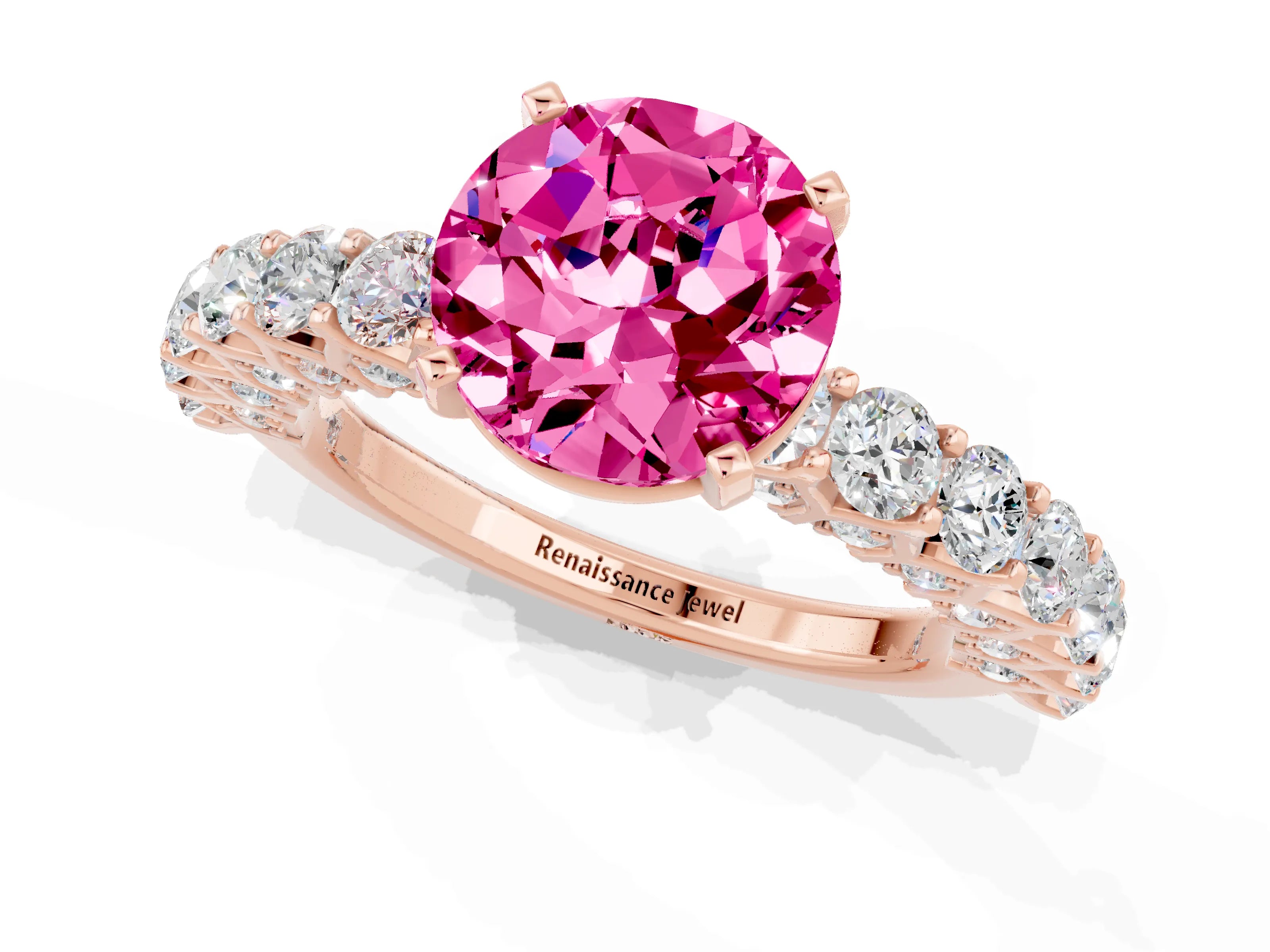 Rose gold Round Cut Pink Sapphire Solitaire Ring with Shared Prong Pavé Band and Four-Prong Setting_1
