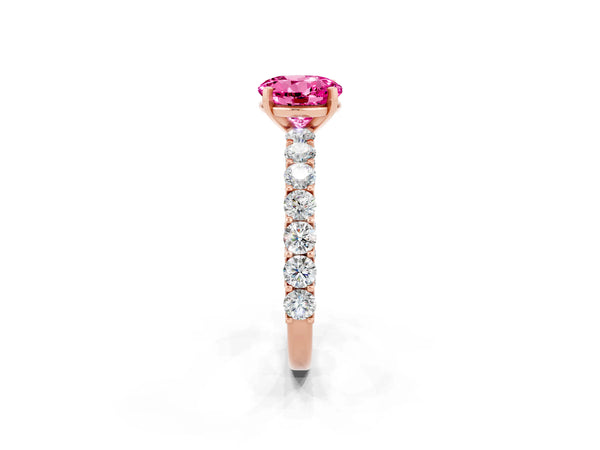 Rose gold Round Cut Pink Sapphire Solitaire Ring with Shared Prong Pavé Band and Four-Prong Setting