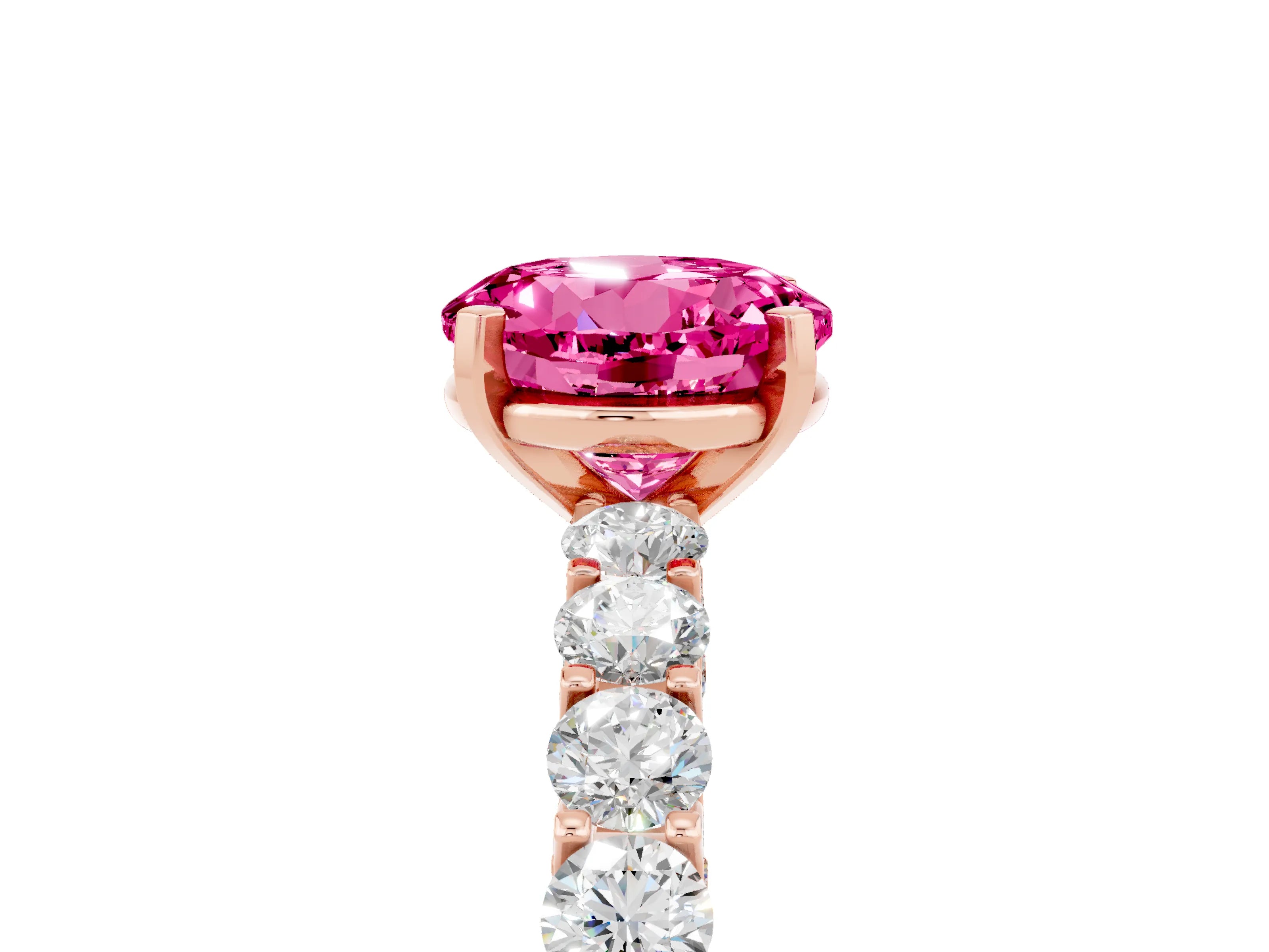 Rose gold Round Cut Pink Sapphire Solitaire Ring with Shared Prong Pavé Band and Four-Prong Setting_5