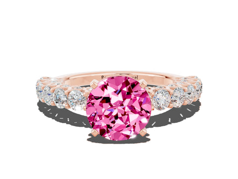 Rose gold Round Cut Pink Sapphire Solitaire Ring with Shared Prong Pavé Band and Four-Prong Setting