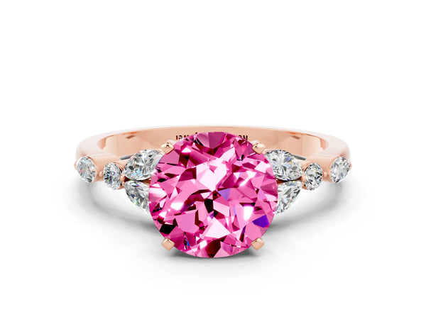 Rose gold Round Cut Pink Sapphire Solitaire Ring with Side Stones and Four-Prong Setting