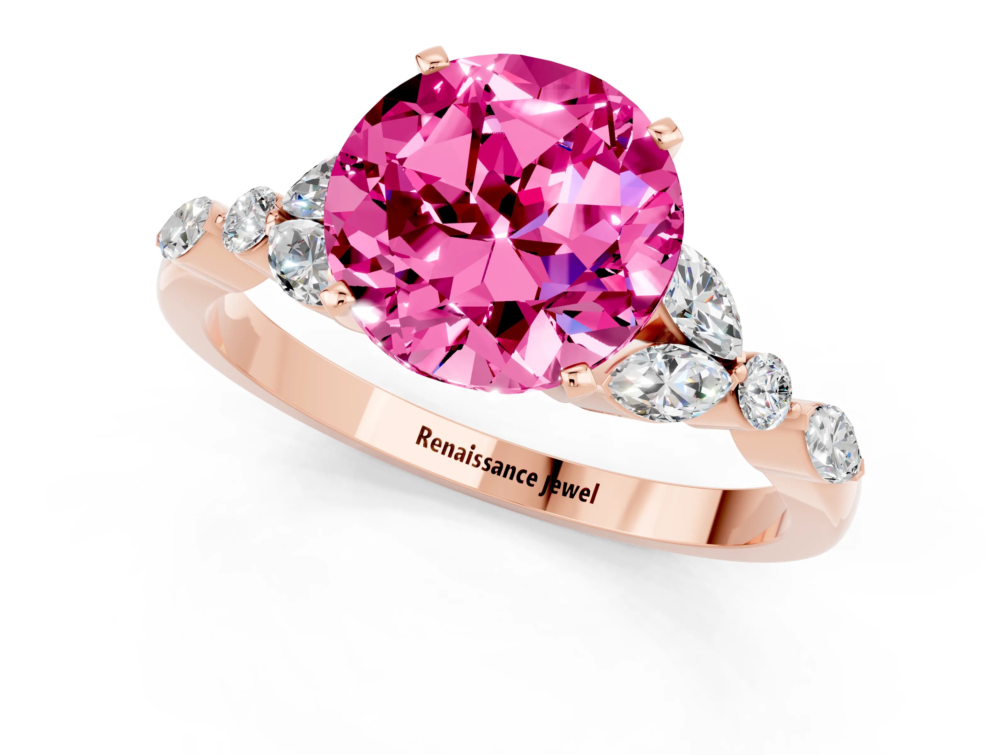 Rose gold Round Cut Pink Sapphire Solitaire Ring with Side Stones and Four-Prong Setting_13