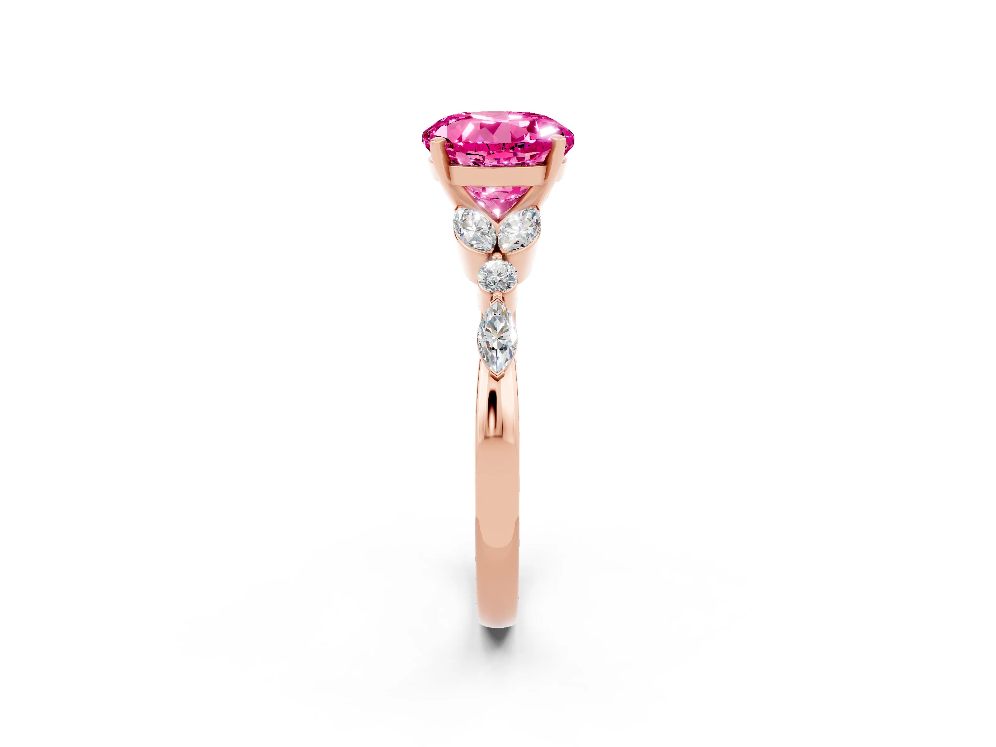 Rose gold Round Cut Pink Sapphire Solitaire Ring with Side Stones and Four-Prong Setting_14