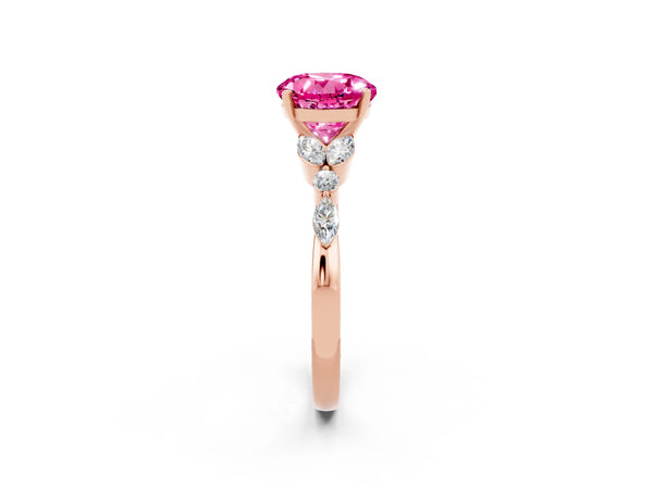 Rose gold Round Cut Pink Sapphire Solitaire Ring with Side Stones and Four-Prong Setting