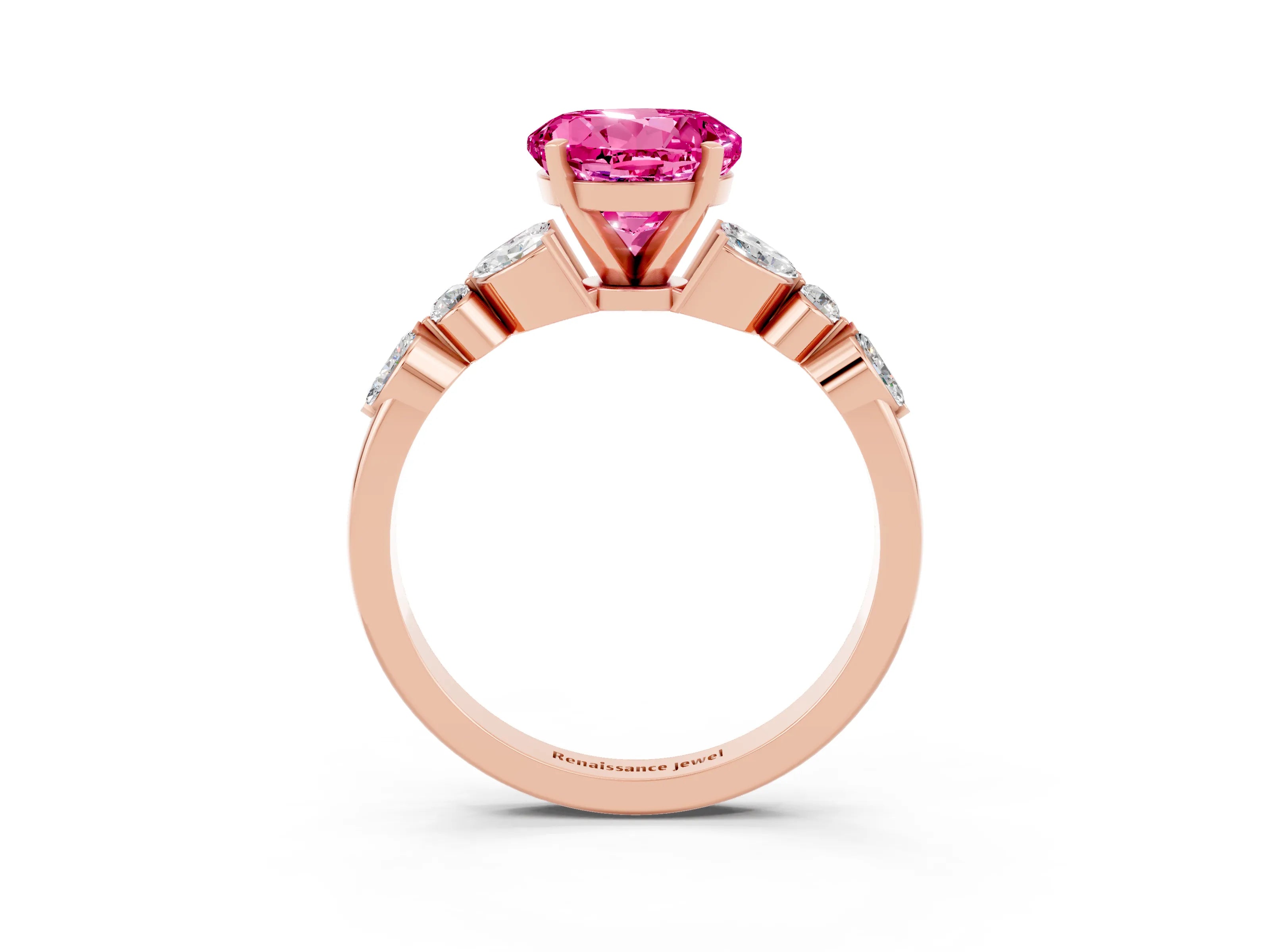 Rose gold Round Cut Pink Sapphire Solitaire Ring with Side Stones and Four-Prong Setting_15