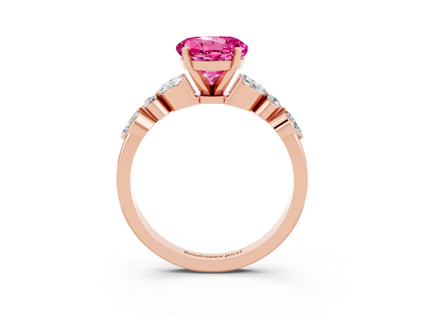 Rose gold Round Cut Pink Sapphire Solitaire Ring with Side Stones and Four-Prong Setting