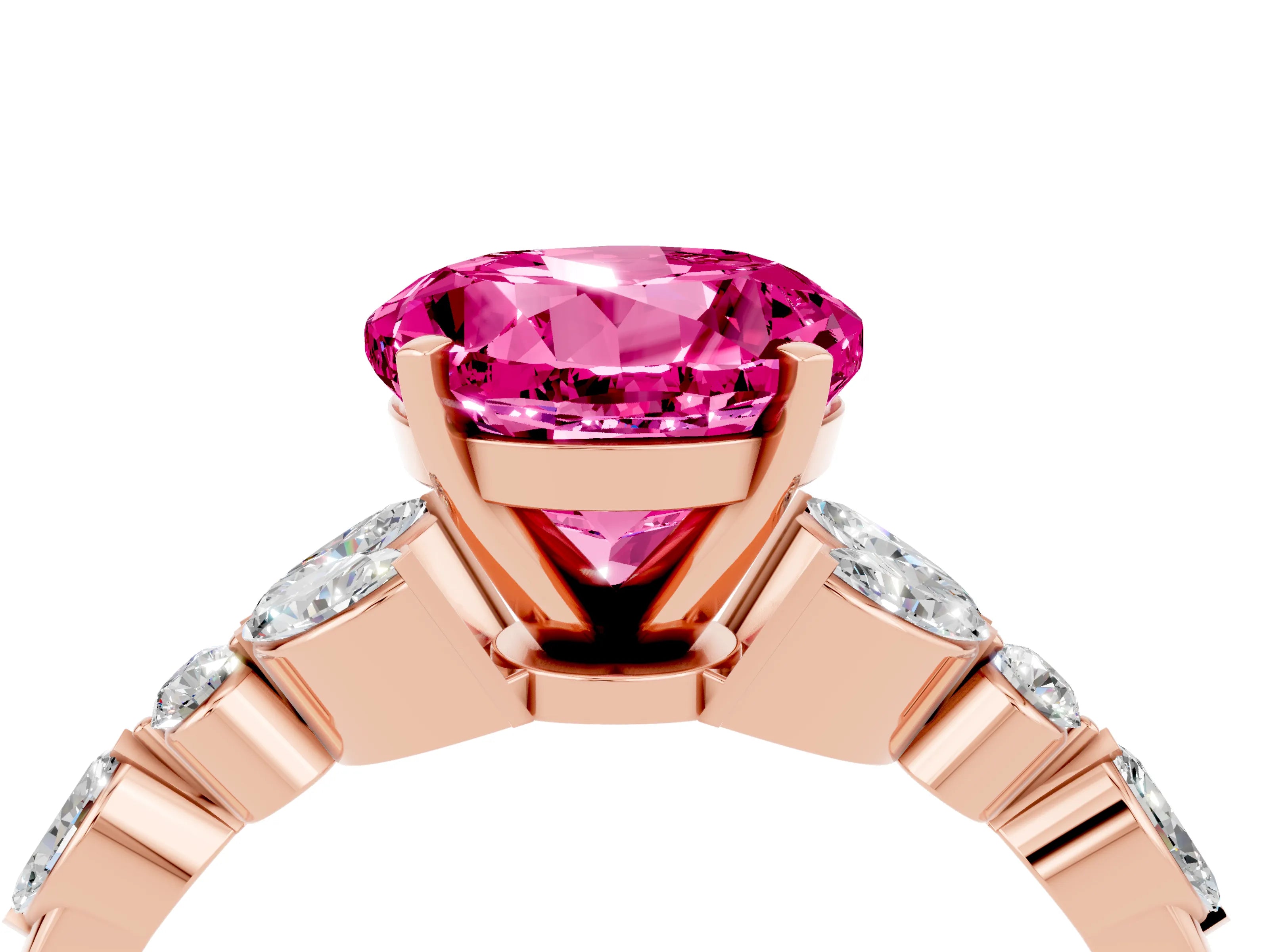Rose gold Round Cut Pink Sapphire Solitaire Ring with Side Stones and Four-Prong Setting_16