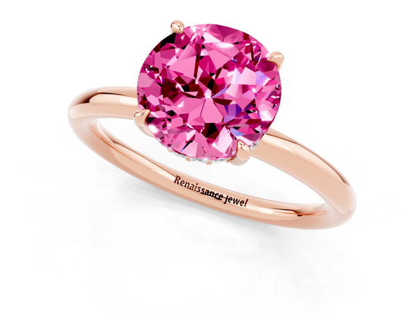 Rose gold Round Cut Pink Sapphire Solitaire Ring with Thin Band and Four-Prong Setting