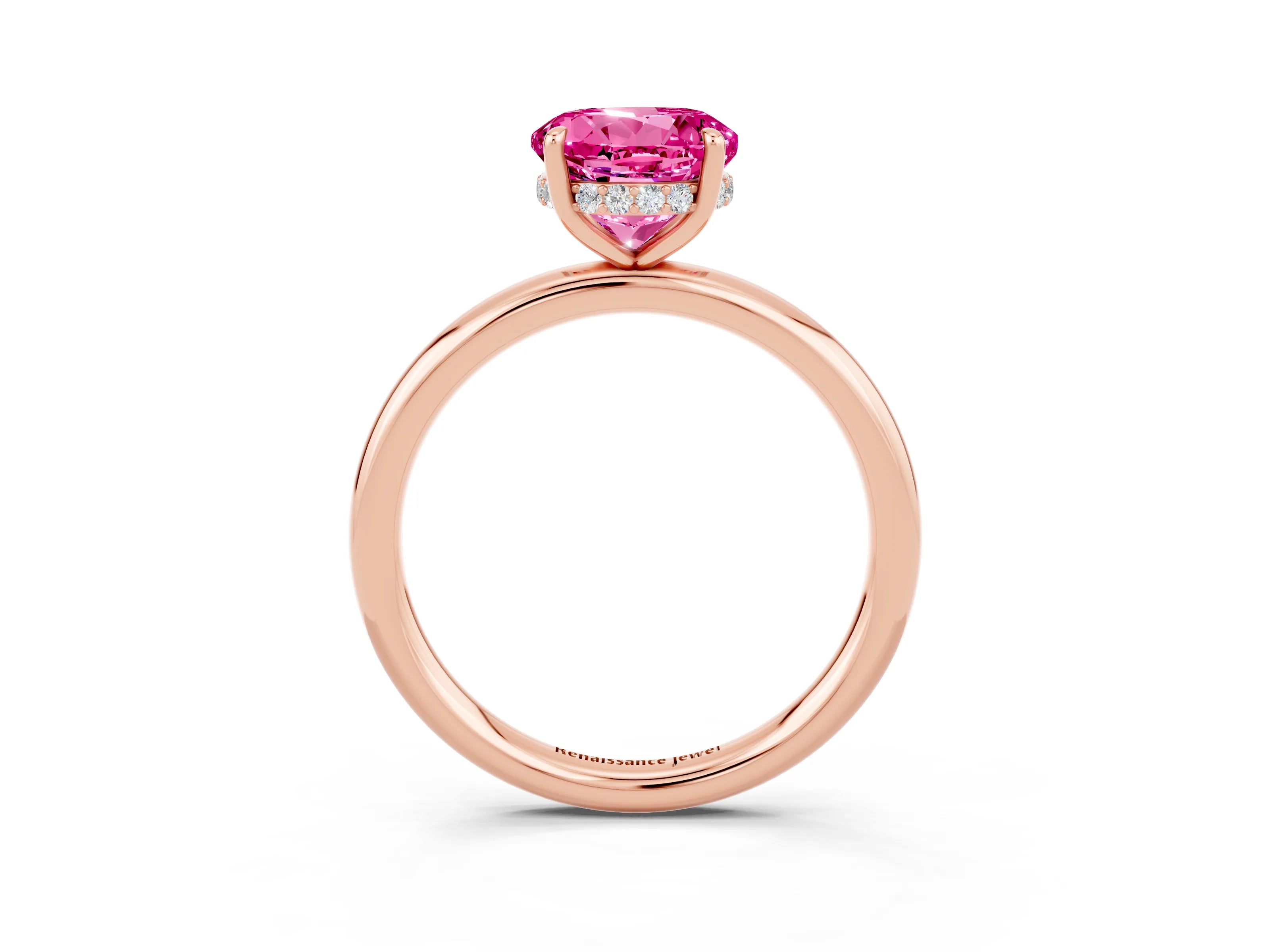 Rose gold Round Cut Pink Sapphire Solitaire Ring with Thin Band and Four-Prong Setting_39