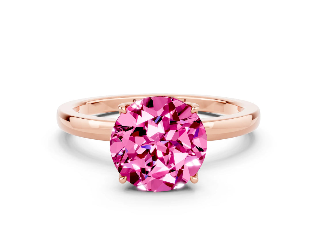 Rose gold Round Cut Pink Sapphire Solitaire Ring with Thin Band and Prong Setting_12
