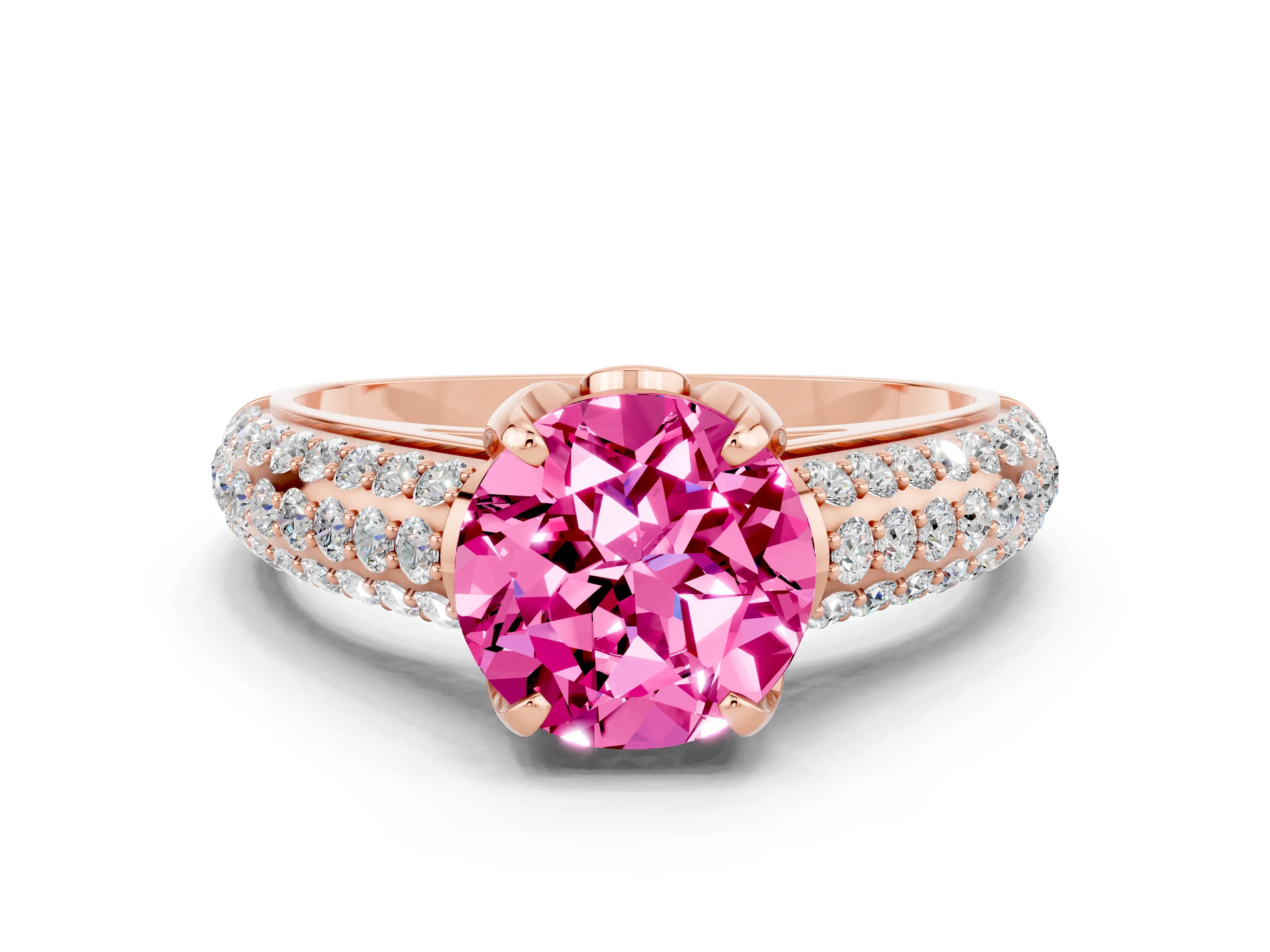 Rose gold Round Cut Pink Sapphire Solitaire Ring with Three-Row Pavé Band and Four-Prong Setting_12