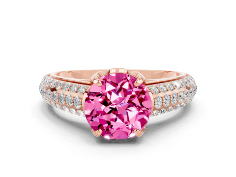 Rose gold Round Cut Pink Sapphire Solitaire Ring with Three-Row Pavé Band and Four-Prong Setting_12