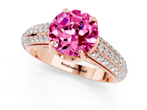 Rose gold Round Cut Pink Sapphire Solitaire Ring with Three-Row Pavé Band and Four-Prong Setting_13