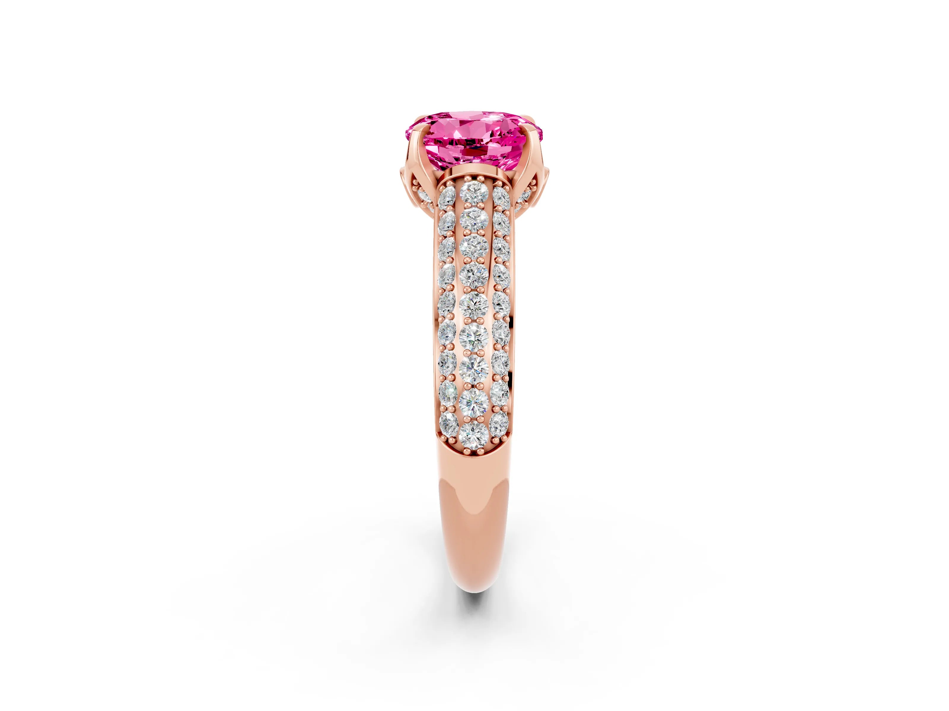 Rose gold Round Cut Pink Sapphire Solitaire Ring with Three-Row Pavé Band and Four-Prong Setting_14