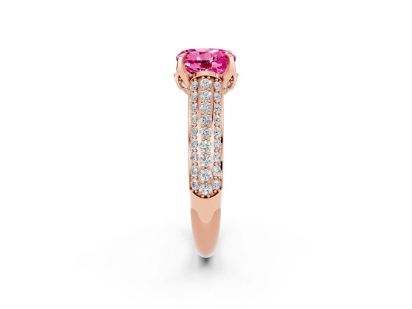 Rose gold Round Cut Pink Sapphire Solitaire Ring with Three-Row Pavé Band and Four-Prong Setting