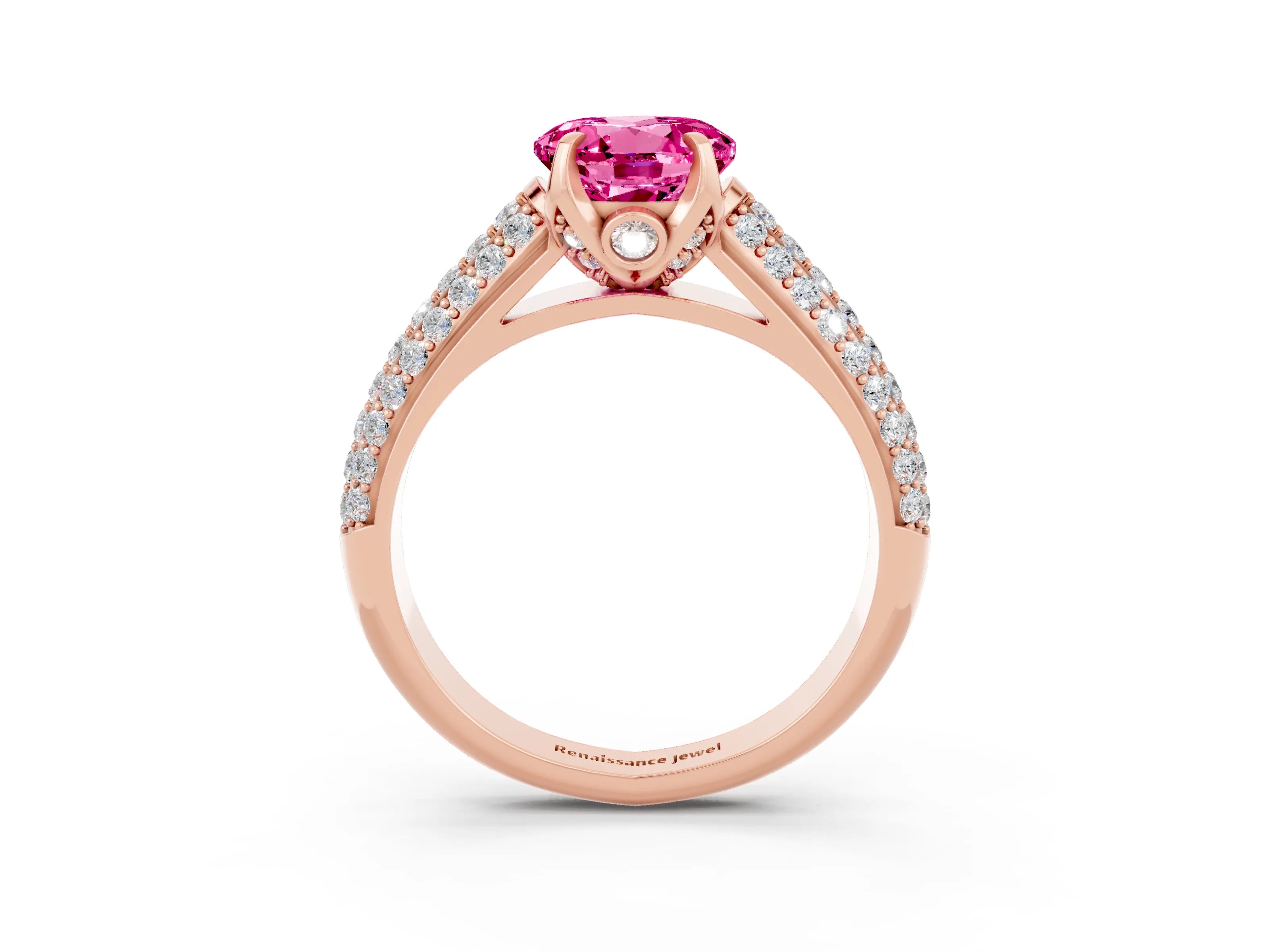 Rose gold Round Cut Pink Sapphire Solitaire Ring with Three-Row Pavé Band and Four-Prong Setting_15