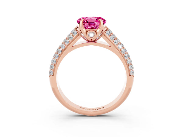 Rose gold Round Cut Pink Sapphire Solitaire Ring with Three-Row Pavé Band and Four-Prong Setting