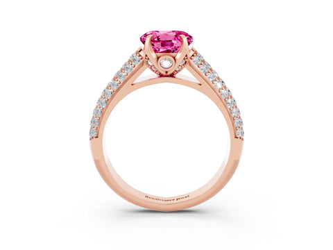 Rose gold Round Cut Pink Sapphire Solitaire Ring with Three-Row Pavé Band and Four-Prong Setting_15
