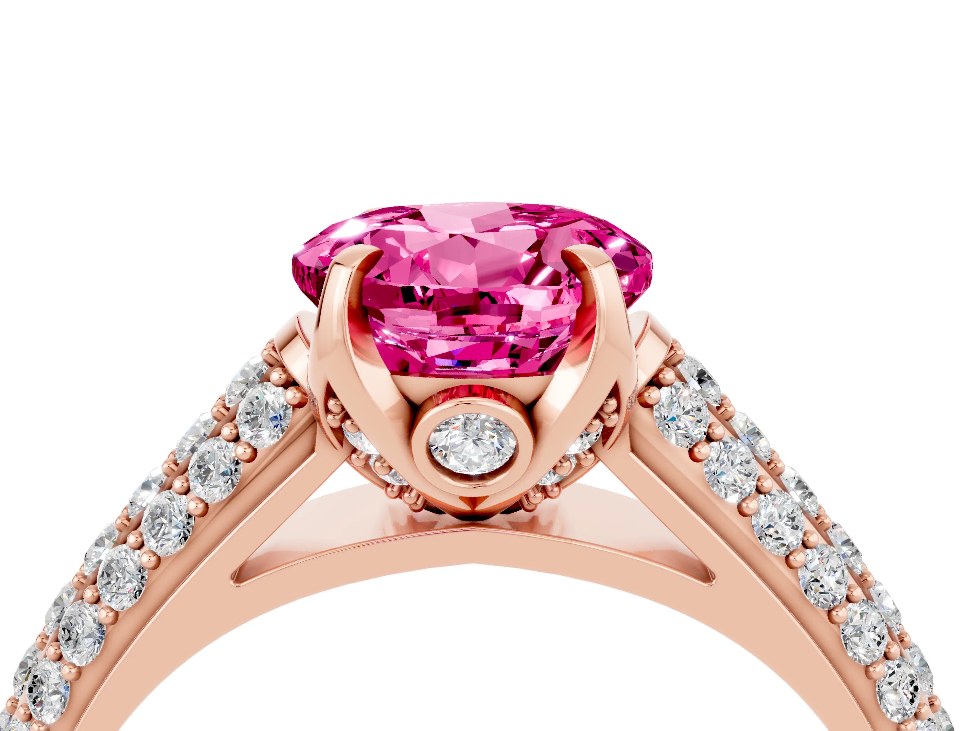 Rose gold Round Cut Pink Sapphire Solitaire Ring with Three-Row Pavé Band and Four-Prong Setting_16