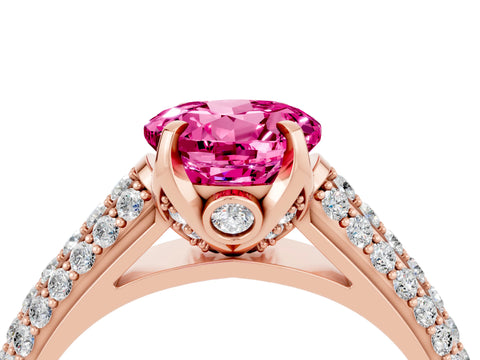 Rose gold Round Cut Pink Sapphire Solitaire Ring with Three-Row Pavé Band and Four-Prong Setting_16