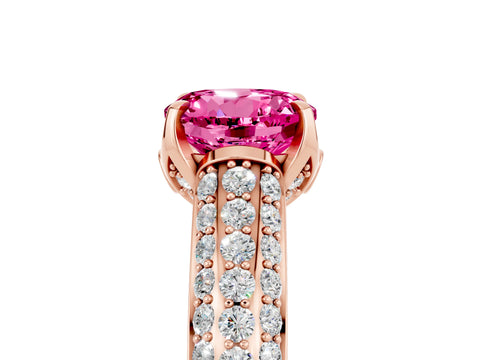 Rose gold Round Cut Pink Sapphire Solitaire Ring with Three-Row Pavé Band and Four-Prong Setting_17