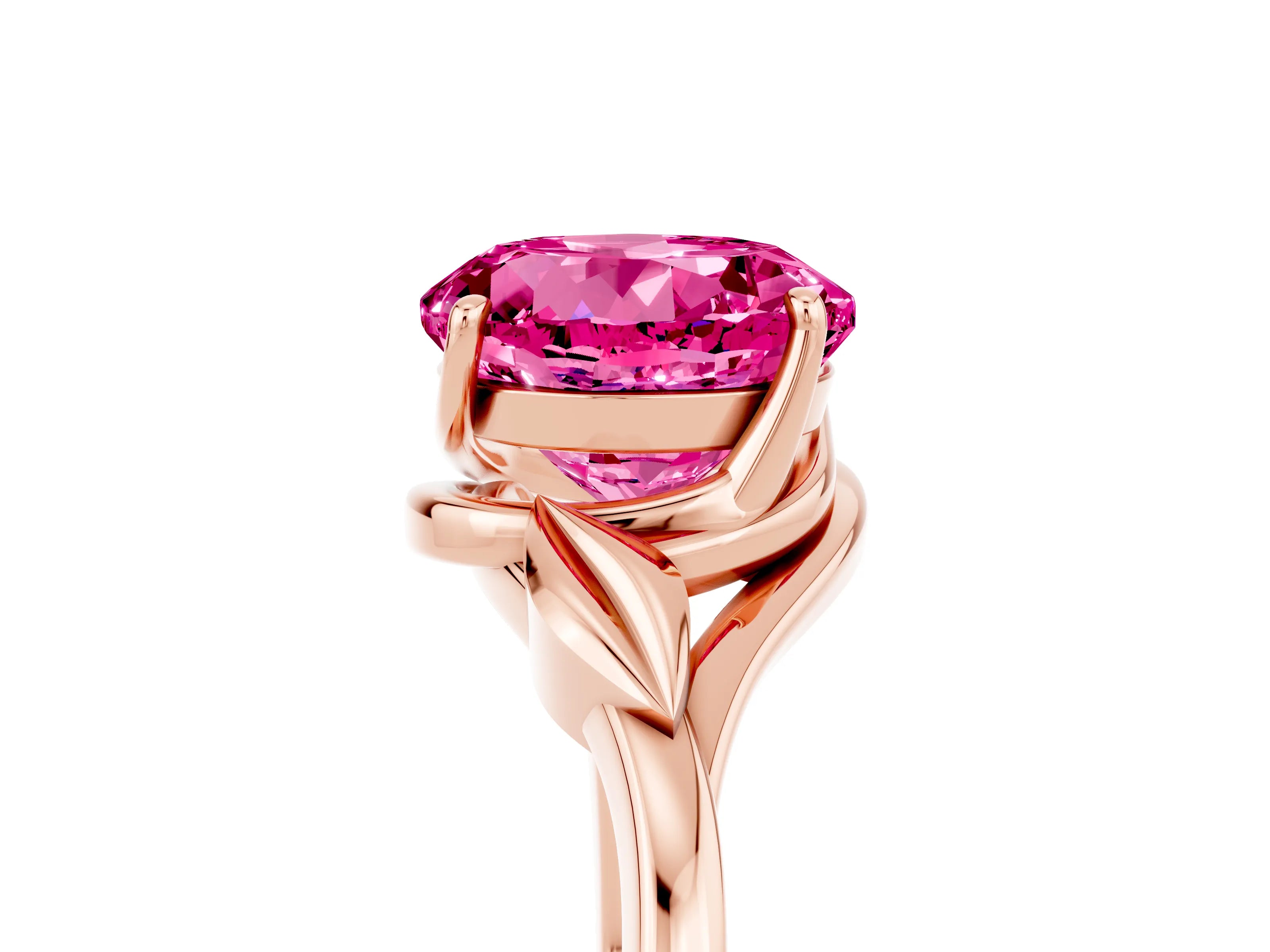 Rose gold Round Cut Pink Sapphire Solitaire Ring with Twist Band and Four-Prong Setting_29