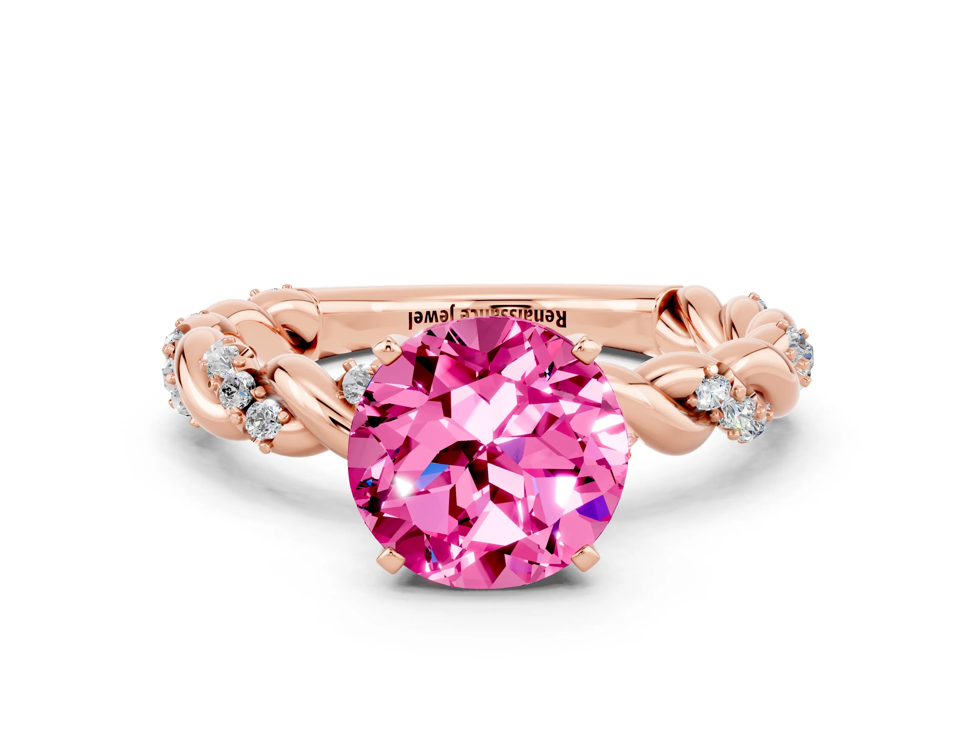 Rose gold Round Cut Pink Sapphire Solitaire Ring with Twisted Band and Pavé Accents