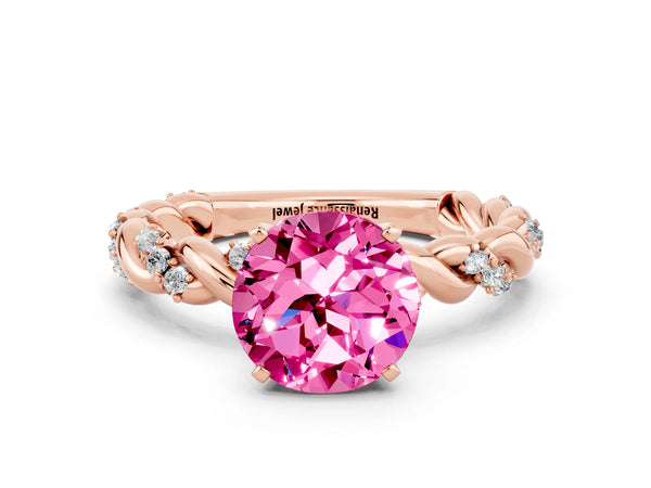 Rose gold Round Cut Pink Sapphire Solitaire Ring with Twisted Band and Pavé Accents
