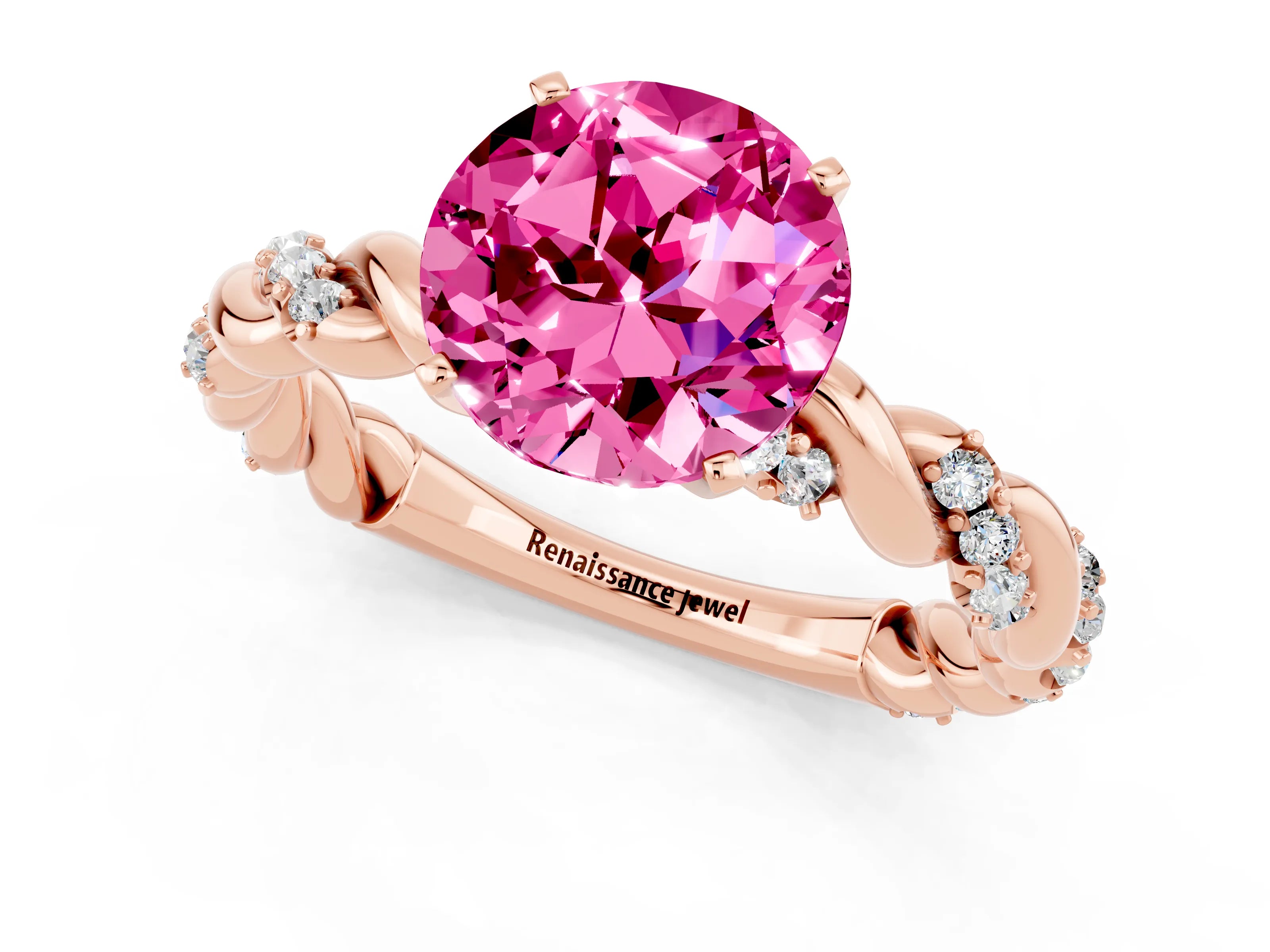 Rose gold Round Cut Pink Sapphire Solitaire Ring with Twisted Band and Pavé Accents_1