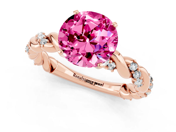 Rose gold Round Cut Pink Sapphire Solitaire Ring with Twisted Band and Pavé Accents
