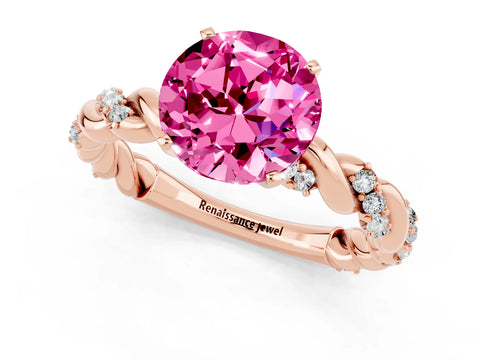 Rose gold Round Cut Pink Sapphire Solitaire Ring with Twisted Band and Pavé Accents_1