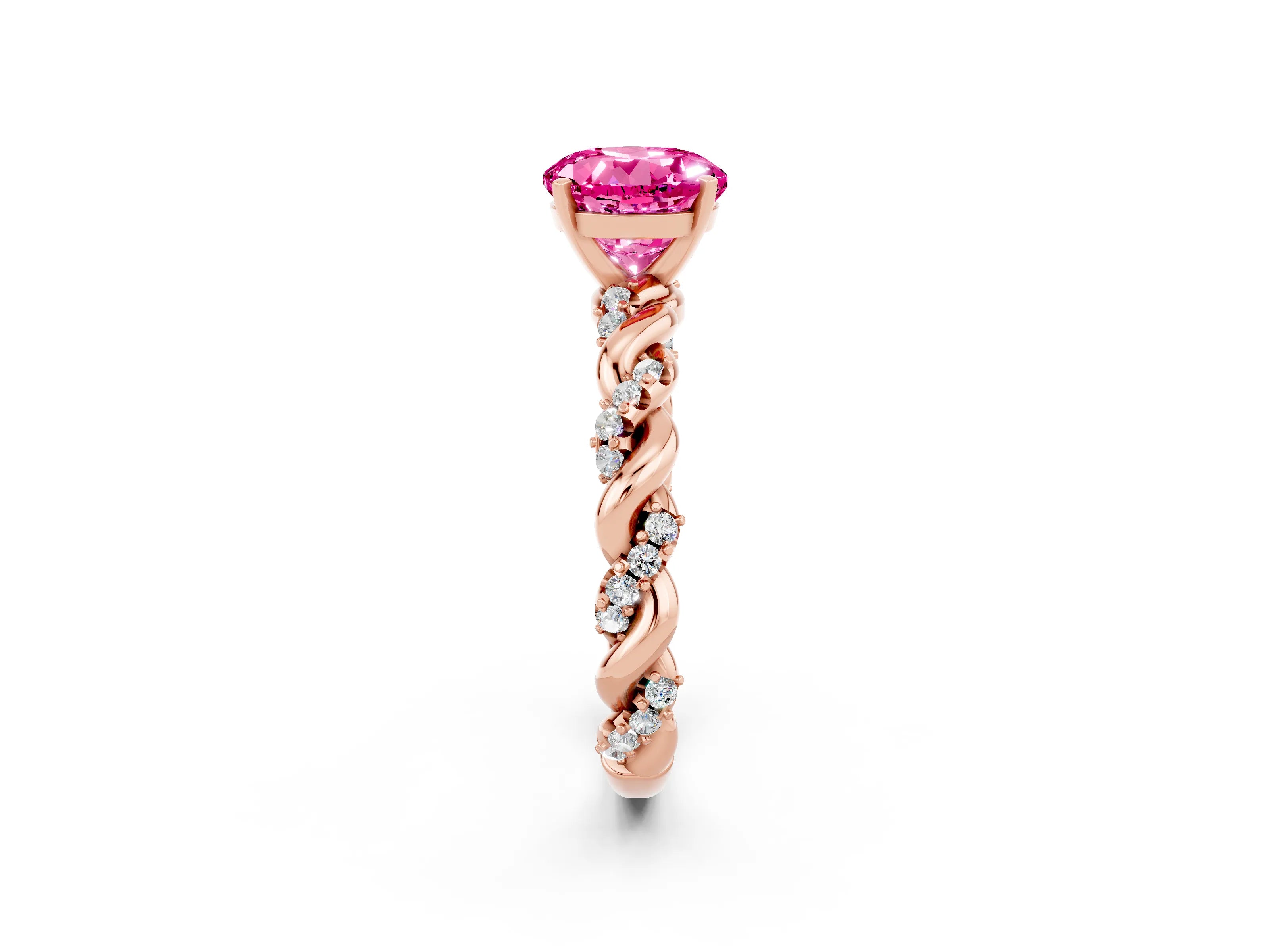 Rose gold Round Cut Pink Sapphire Solitaire Ring with Twisted Band and Pavé Accents_2