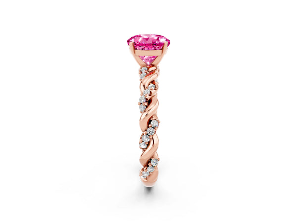 Rose gold Round Cut Pink Sapphire Solitaire Ring with Twisted Band and Pavé Accents