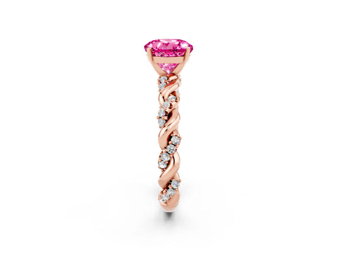 Rose gold Round Cut Pink Sapphire Solitaire Ring with Twisted Band and Pavé Accents_2
