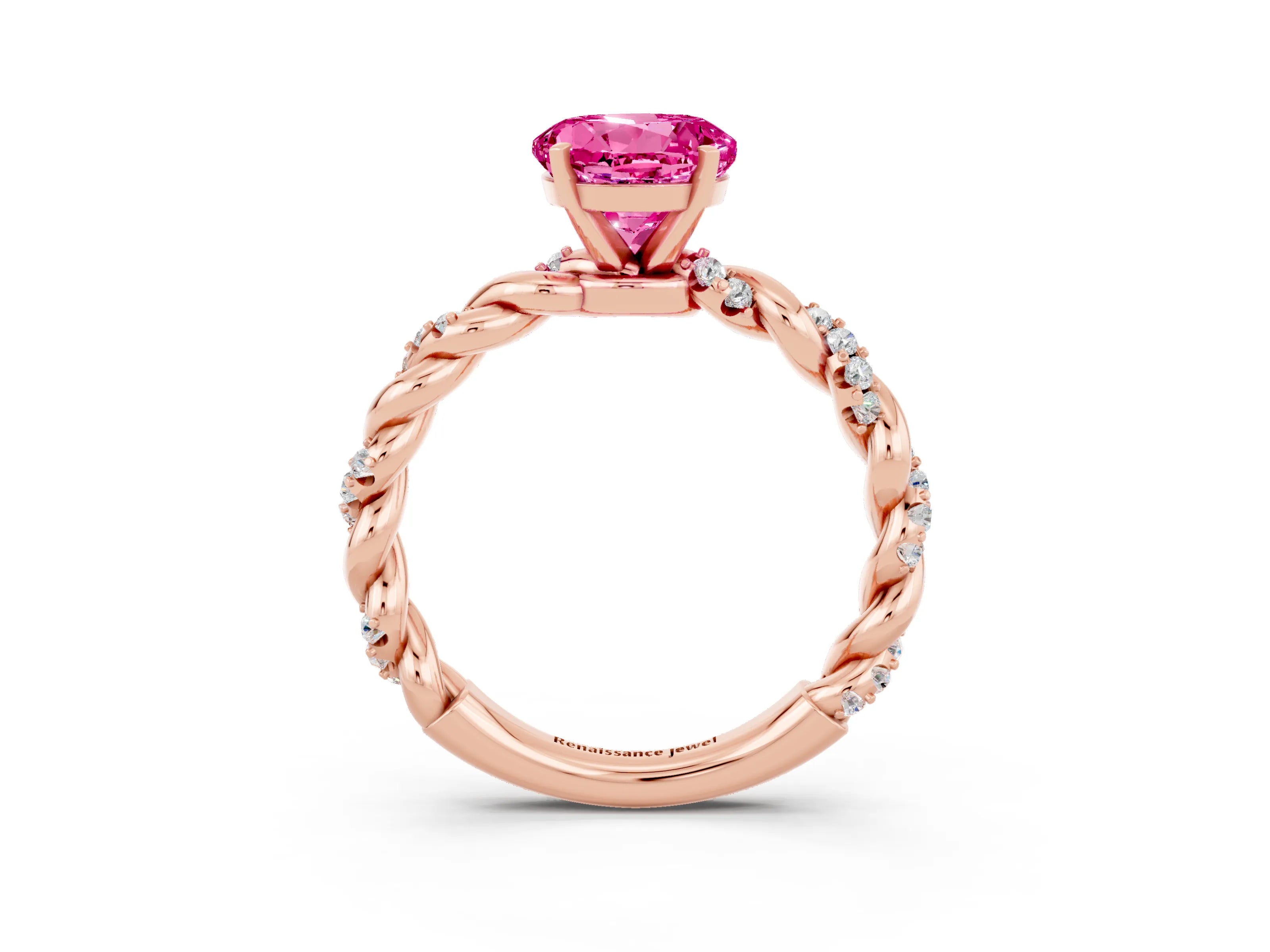 Rose gold Round Cut Pink Sapphire Solitaire Ring with Twisted Band and Pavé Accents_3