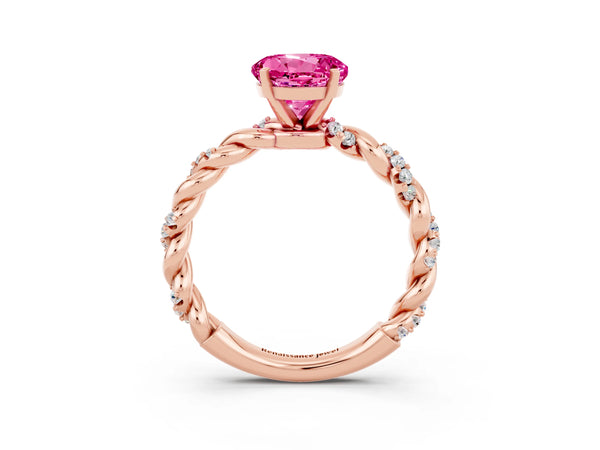 Rose gold Round Cut Pink Sapphire Solitaire Ring with Twisted Band and Pavé Accents