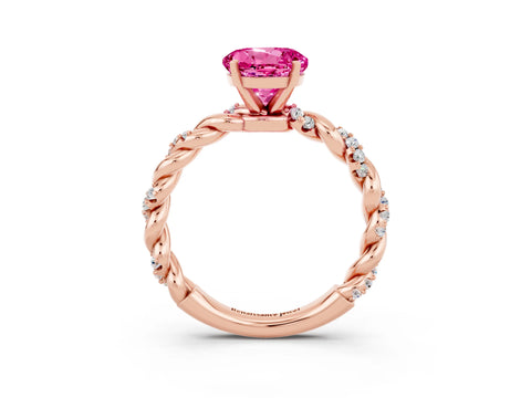 Rose gold Round Cut Pink Sapphire Solitaire Ring with Twisted Band and Pavé Accents_3