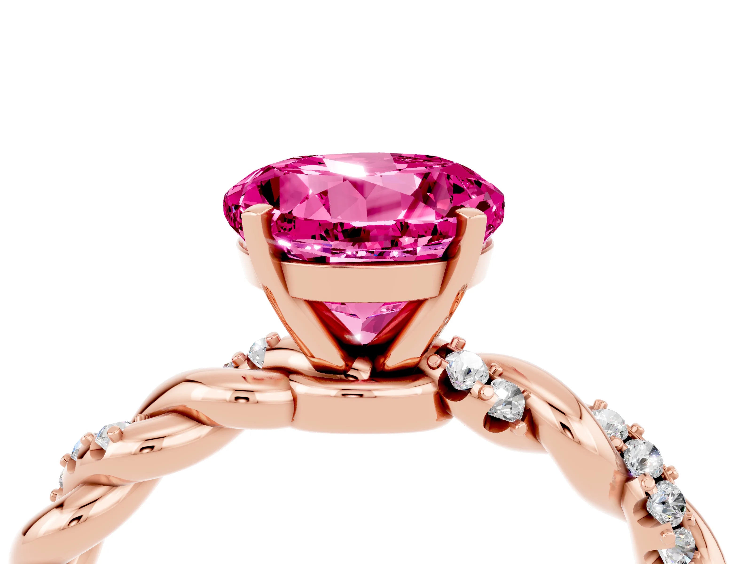 Rose gold Round Cut Pink Sapphire Solitaire Ring with Twisted Band and Pavé Accents_4