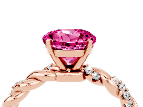 Rose gold Round Cut Pink Sapphire Solitaire Ring with Twisted Band and Pavé Accents_4