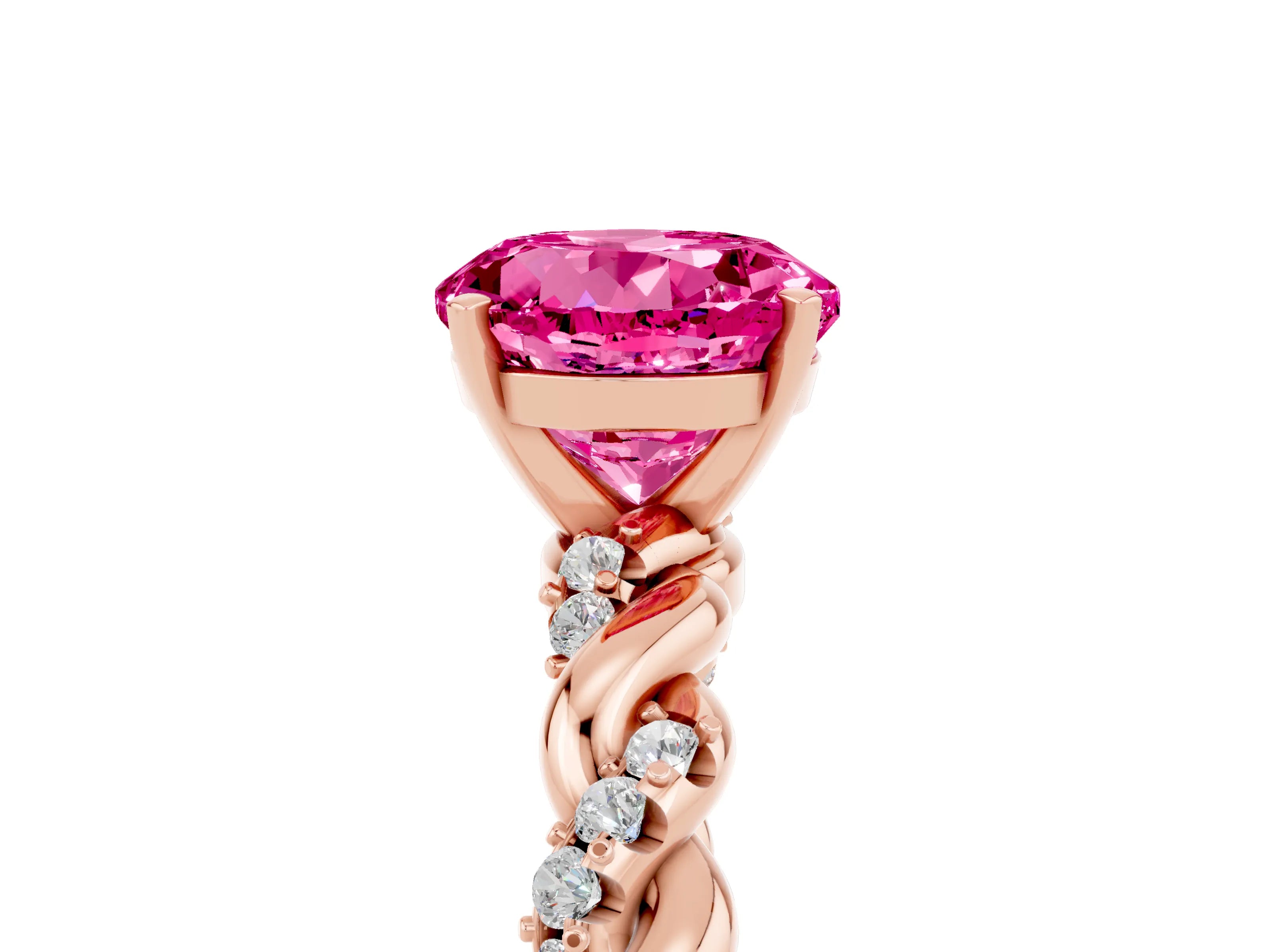 Rose gold Round Cut Pink Sapphire Solitaire Ring with Twisted Band and Pavé Accents_5