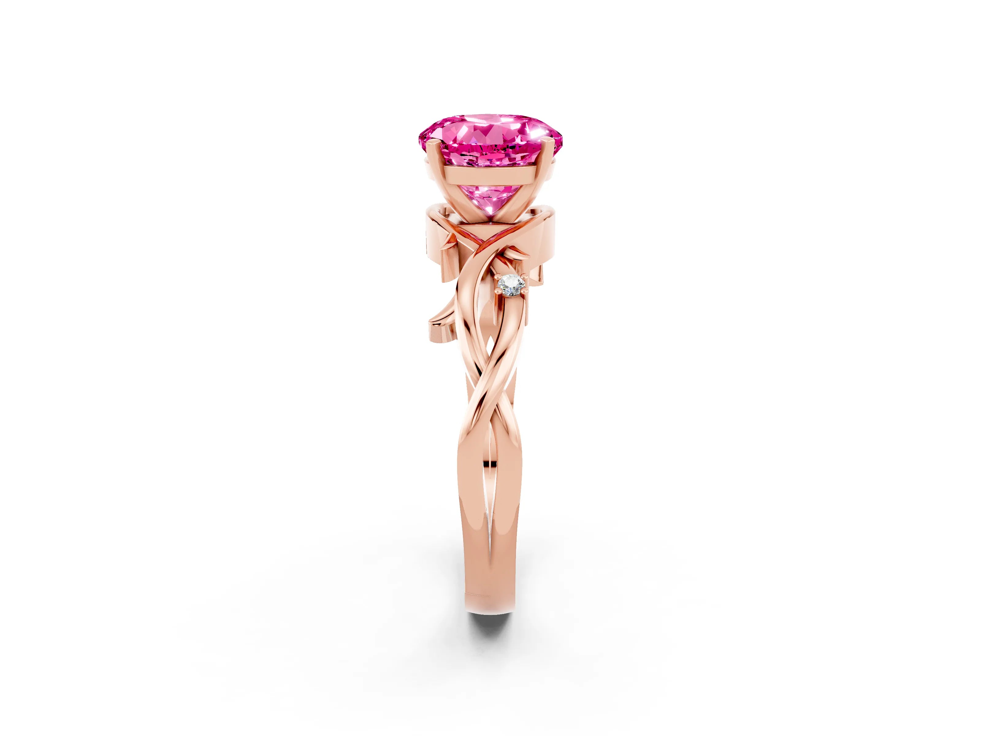 Rose gold Round Cut Pink Sapphire Solitaire Ring with Twisted Band and Prong Setting_2