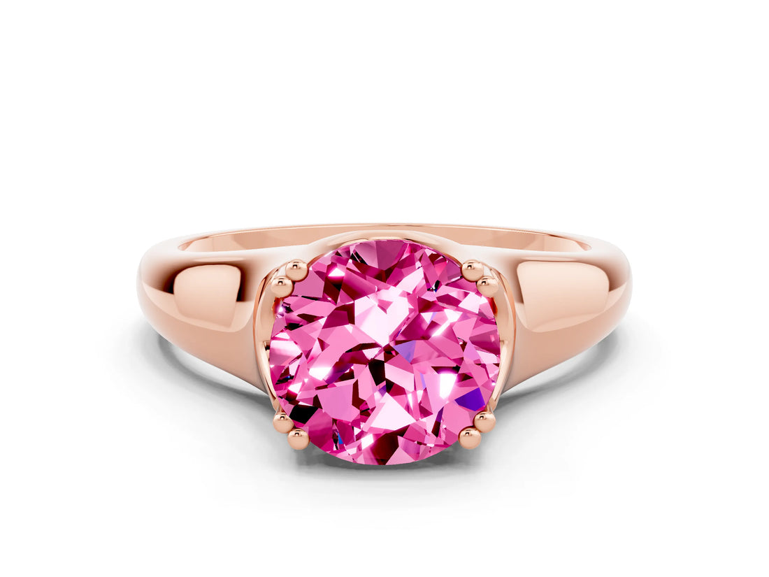 Rose gold Round Cut Pink Sapphire Solitaire Ring with Wide Band and Prong Setting_24