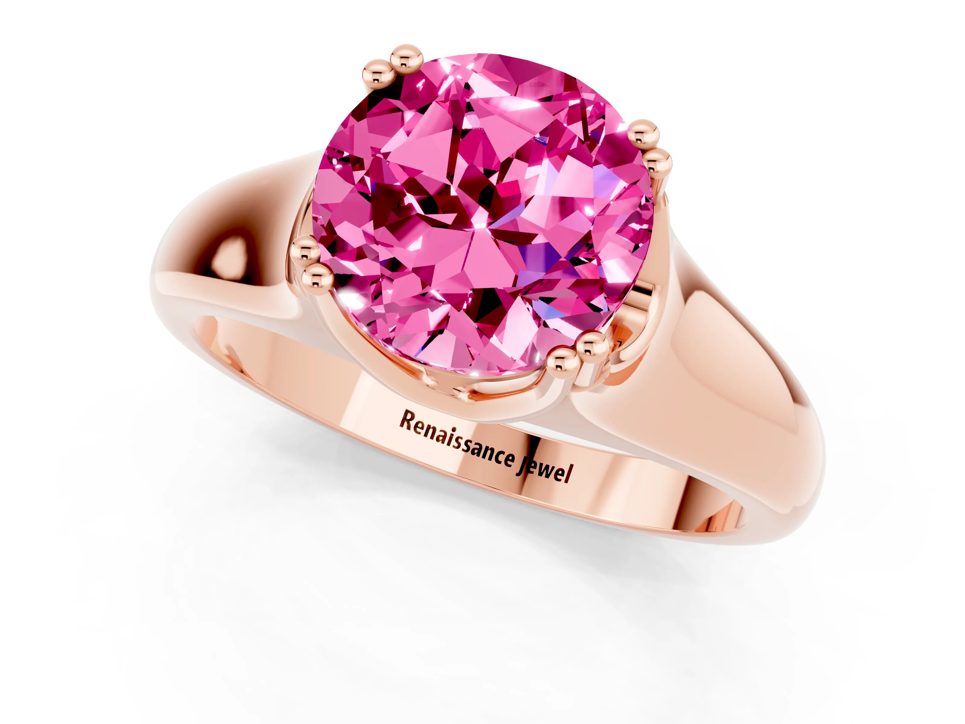 Rose gold Round Cut Pink Sapphire Solitaire Ring with Wide Band and Prong Setting_25