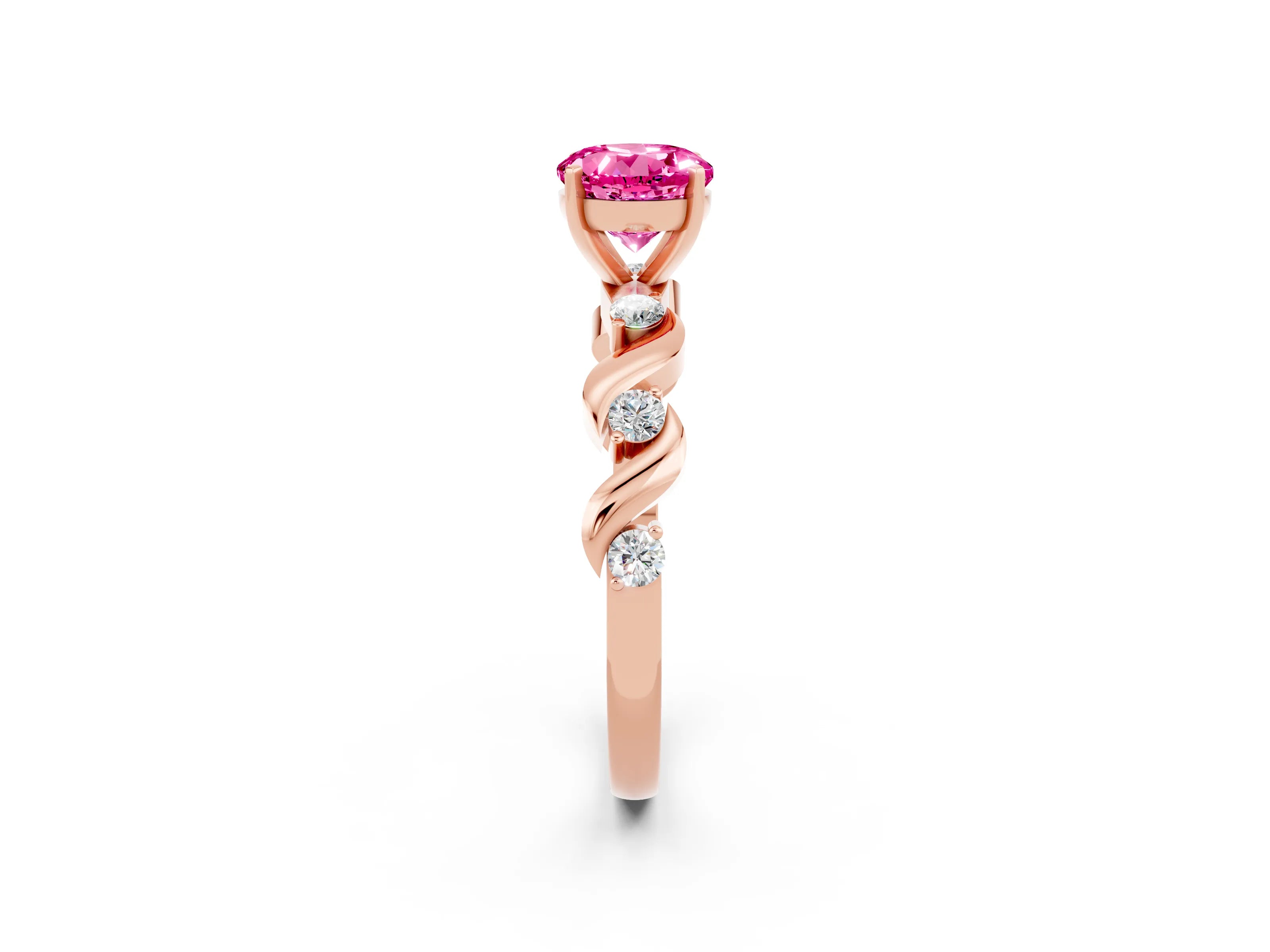 Rose gold Round Cut Pink Sapphire Solitaire Twisted Band with Round  Accents and Prong Setting_14