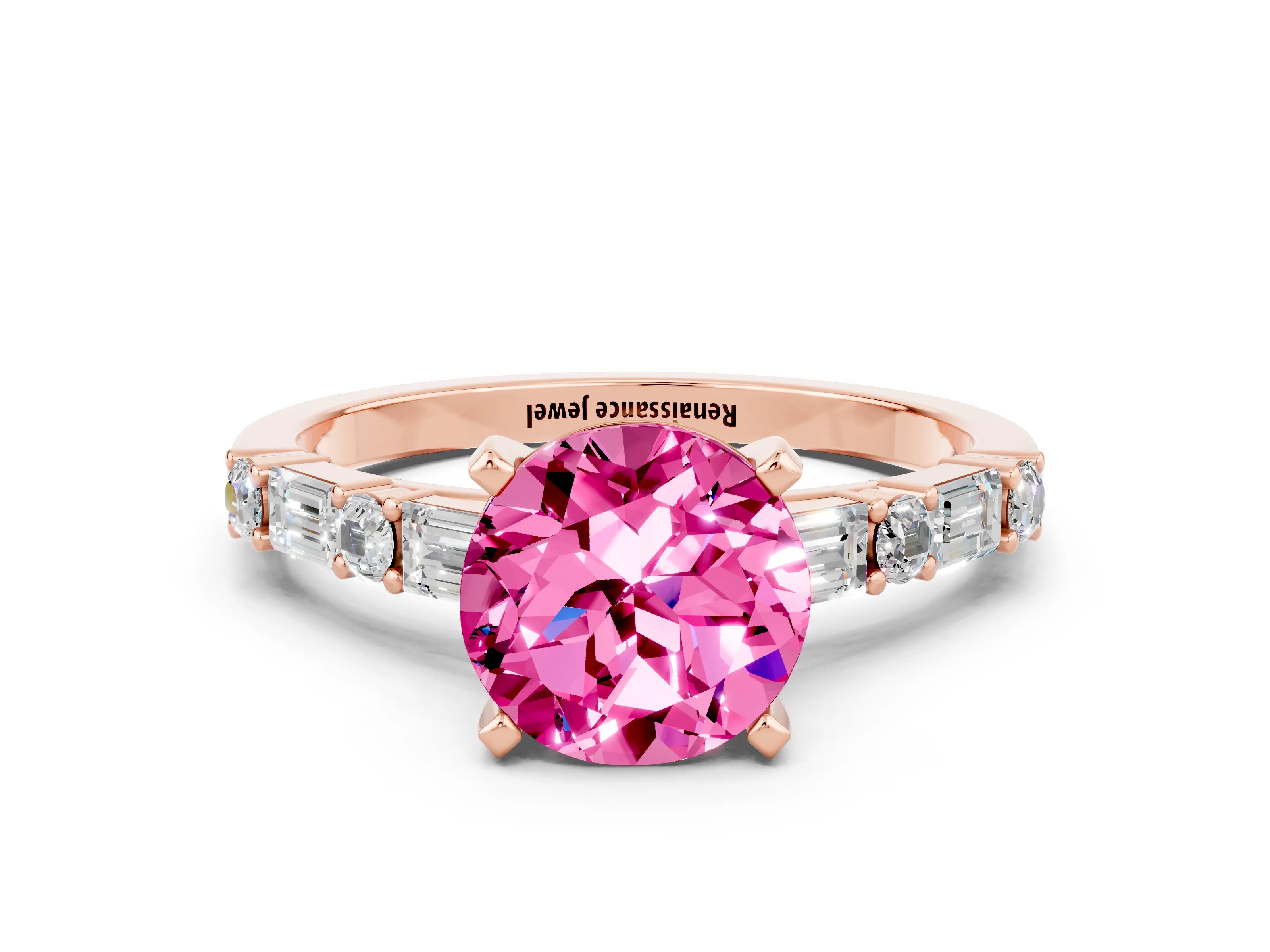 Rose gold Round Cut Pink Sapphire Solitaire with Side Baguettes and Channel Set Band_24